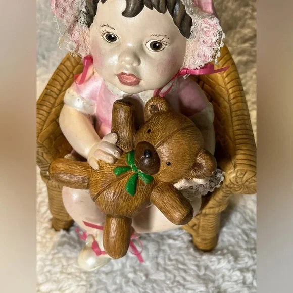 Rare Vintage Ceramic Girl in Wicker Chair Holding a Teddy Bear - Picture 6 of 8